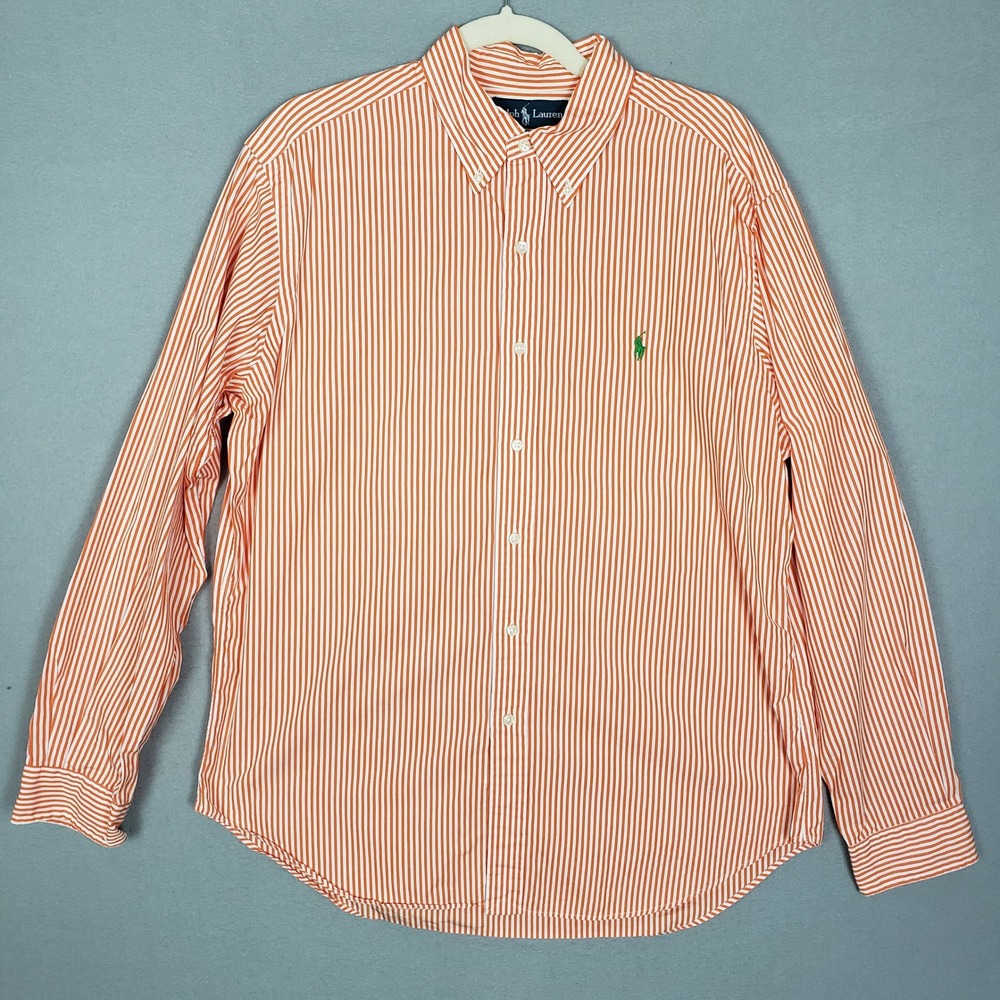 Ralph Lauren Vertical Stripe Button Down Oxford Shirt Orange White Office Preppy